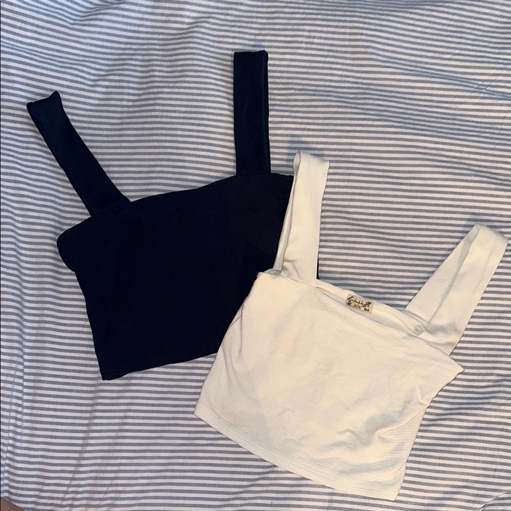 Free People Black and Cream Fitted Crop Tank Tops